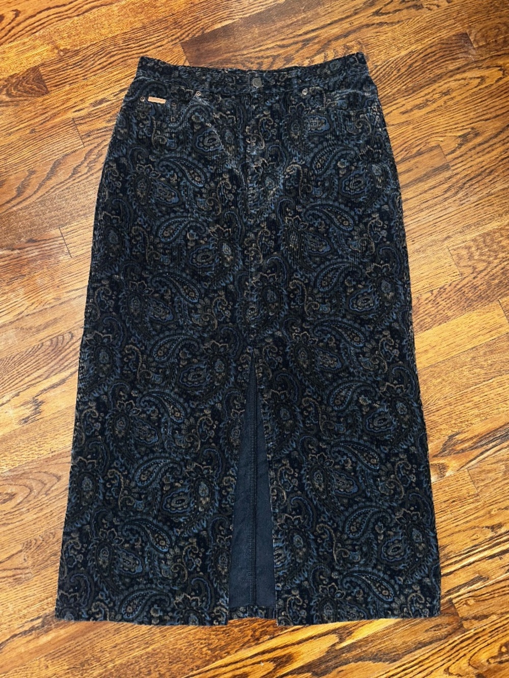 Eddie Bauer Paisley Corduroy Midi Skirt Size 10 Blue Brown Boho Vintage